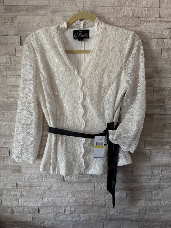 Alex Evenings Tops - Alex Evenings Cream Lace Peplum Blouse with Black Ribbon